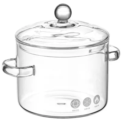 Zdjęcie produktu dla Garnek szklany z pokrywką i podwójnym uchwytem, odporny na wysokie temperatury, przezroczysty, o wymiarach 20x16x14 cm