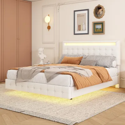 Image de OKWISH Lit double 140x200 - Éclairage LED Télécommande - Sans Matelas - Blanc