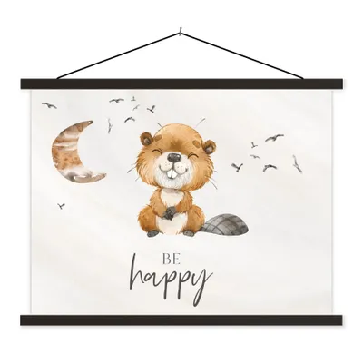 Produktbild von MuchoWow® Textilposter Zitate - Glücklich sein - Kinder - Mond - Biber - Aquarell 60x45 cm mit schwarzem Rahmen - Poster Schlafzimmer