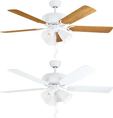 Two white ceiling fans with lights against a white background.