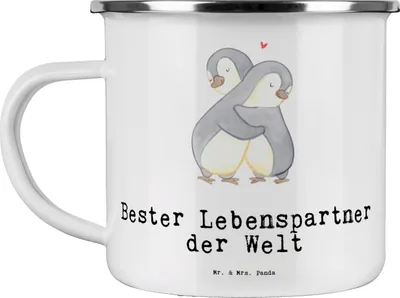 Produktbild von Mr. & Mrs. Panda Tasse Emaille Pinguin Bester Lebenspartner der Welt - Weiß - Geschenk, Freund, Teetasse, Hochzeitstag, Geschenkidee, metallbecher, Liebe, Freundin, Pott