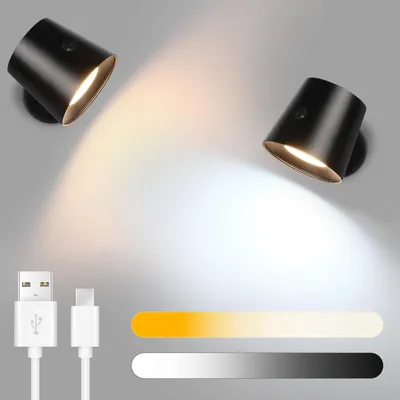 Produktbild von ZMH LED Wandleuchte Schwarz 2ER Innen Wandlampe Akku Touch Control 360° Drehbare 3 Helligkeitsstufen Kabellose  Für Kinder Wohnzimmer Schlafzimmer Flu