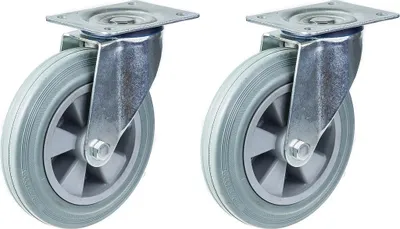 Immagine prodotto di ruote girevoli da 200 mm e 8" con pneumatici in gomma grigia, portata 410 kg, set di 2