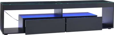Zdjęcie produktu dla Szafka TV z oświetleniem LED - Czarny połysk - Podstawa TV z 2 szufladami - Szklany blat
