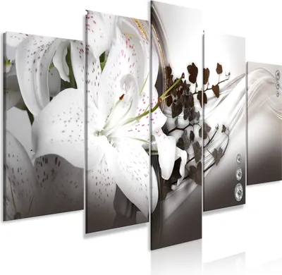 Produktbild von Leinwandbilder Lilien 200x100 cm Vlies Leinwandbild 5 tlg Kunstdruck modern Wandbilder XXL Wanddekoration Design Wand Bild - Lilien Efeu Abstrakt beige weiß b-C-0662-b-m