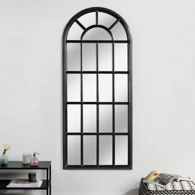 Produktbild von cagü: Romantischer Design Wandspiegel PORTA Schwarz Pinienholz Rundbogen Fensteroptik 140cm x 60cm