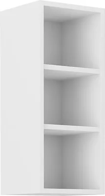 A white, open wall cabinet with three shelves.