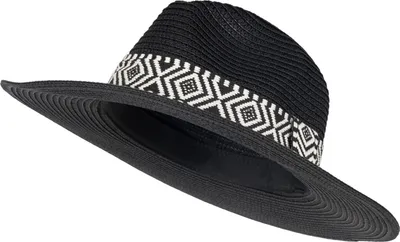 Produktbild von styleBREAKER Damen Panama Sonnenhut Einfarbig mit Stoff Hutband mit Azteken Muster, Strohhut, Schlapphut, Sommerhut, Fedora Hut 04025046