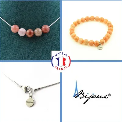 Produktbild von Schmuckset Armband Halskette 5 afrikanische Sonnensteinperlen Qualität 7A 8 mm Edelstahlkette