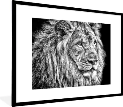 Produktbild von MuchoWow® Gerahmtes Poster Porträt - Löwe - Schwarz und weiß 80x60 cm - Poster mit Schwarzem Bilderrahmen Wandposter Rahmen Foto Bilder - Schlafzimmer-Dekorationen - Fotoposter