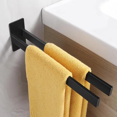 Image de Porte-serviettes sans perçage, noir ; porte-serviettes double en acier inoxydable 304 pour la salle de bains et la cuisine