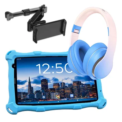 Produktbild von AngelTech Kindertablet PRO MAX Blau mit Kopfhörer und Tablet-Halterung