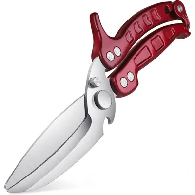 Immagine prodotto di Forbici per pollame, forbici da cucina resistenti, colore rosso, acciaio inossidabile, lavabili in lavastoviglie, con apribottiglie