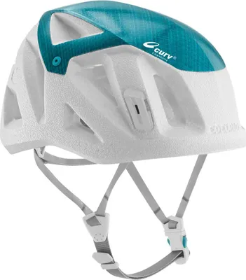 Kletterhelm "Salathe Lite" von Edelrid in Weiß und Türkis mit Belüftungsöffnungen und verstellbarem Kinnband.