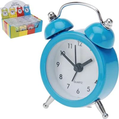 A blue alarm clock is shown in the foreground, with a display box of multiple alarm clocks in various colors in the background.