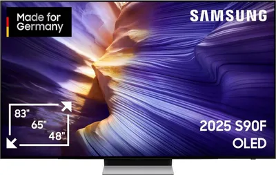 A Samsung OLED TV displaying a colorful abstract image, with product information overlays.