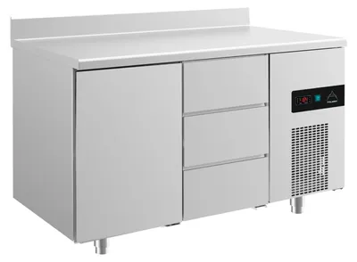 Produktbild von Gastro Kühltisch | Edelstahl | 1 Tür / 3 Schubladen | Aufkantung | 1400 x 700 x 850 mm | -2 / +8 °C | 281 Liter