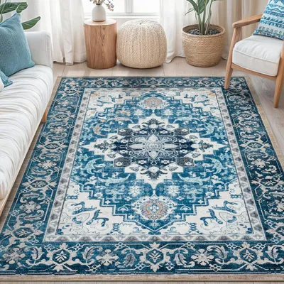 Vintage Kurzflor-Teppich 160x230 cm, waschbar, Luftblau