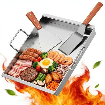 Productafbeelding van RVS Grillplaat 40 x 30 cm met 2 Spatels voor BBQ en Tuin