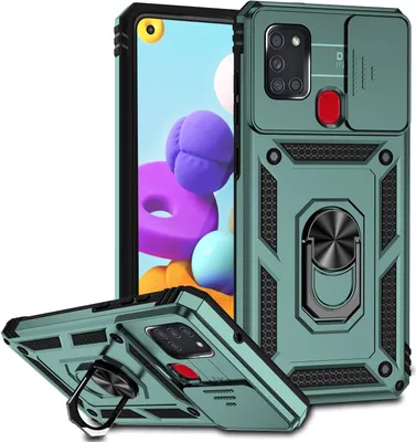 Produktbild von Galaxy A21S Hülle mit Schiebe Kamera Schutz und Ringhalter Ständer Robust Rüstung Schutzhülle für Samsung Galaxy A21S Grün