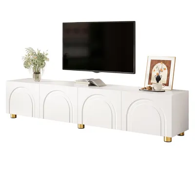 Produktbild von TV-Lowboard mit Bogenrelief, 4 Türen, Metallfüße, Stauraum, 180 x 35 x 40 cm, Weiß