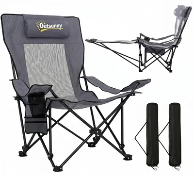 Produktbild von 2er Set Campingstuhl faltbar Angelstuhl mit verstellbarer Rückenlehne Fußablage Getränkehalter Kopfstütze Dunkelgrau