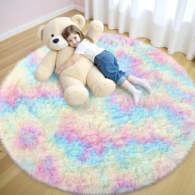 Produktbild von Runder Teppich Hochflor Wohnzimmer 120 cm Regenbogen