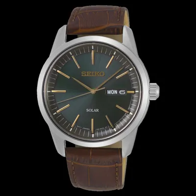 Obrázek produktu pro Pánské hodinky, Classic, solární, kožený řemínek z nerezové oceli, tmavě zelený ciferník - Seiko 'Classic': SNE529P1