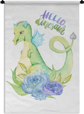 Produktbild von MuchoWow® Wandteppich Wandbehang Dinosaurier - Blumen - Kinderzimmer - Jungen - Mädchen - Kinder 60x90 cm Tapisserie Dekoration Wandtuch - Foto-Teppich - Abwaschbar