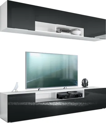 Produktbild von Vladon Wohnwand Mogan, Weiß matt/Schwarz Hochglanz - Moderne Anbauwand bestehend aus 2 TV-Boards (181 x 147 x 35 cm)