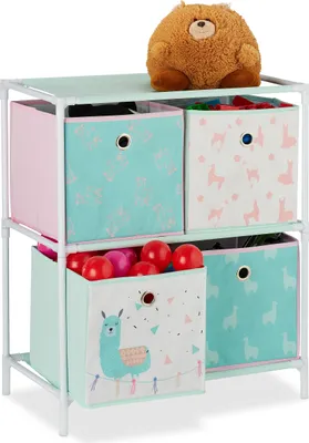 Produktbild von Relaxdays Kinderregal mit 4 Boxen, Jungen & Mädchen, Lama-Design, Regal Kinderzimmer, Spielzeug, HBT 62 x 53 x 30, bunt