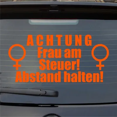 Produktbild von Heckscheibenaufkleber ACHTUNG Frau am Steuer Abstand halten 55x40 cm Orange Auto Aufkleber Sticker