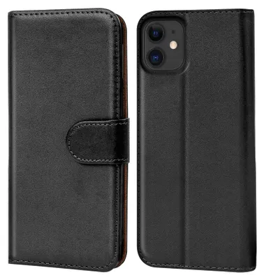 A black book-style phone case for an iPhone 11 is shown from the front and back.