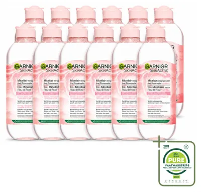 Immagine prodotto di 12 flaconi di Garnier SkinActive Acqua Micellare Detergente con Acqua di Rose, 400 ml - Confezione grande - 12 pezzi