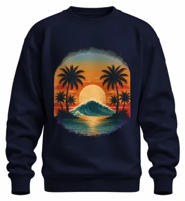 Zdjęcie produktu dla Bluza z kapturem w stylu retro, motyw: zachód słońca, palmy, fala, surfing, plaża, Hawaje, lata 80., kolor: granatowy, rozmiar: XL