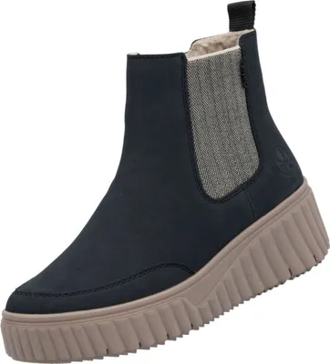 A single blue Chelsea boot with a tan platform sole is shown against a white background.