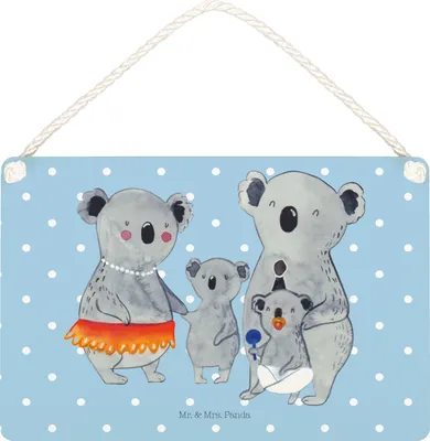 Produktbild von Mr. & Mrs. Panda Schild Koala Familie DIN A5 - Blau Pastell - Geschenk, Wandbild Holz, Mama, Family, Geschwister, Kinder, wandtafel, holzbild, Muttertag, Türschild