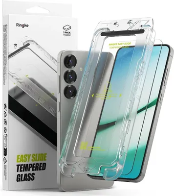 A product shot of a phone case and screen protector packaging next to a smartphone.