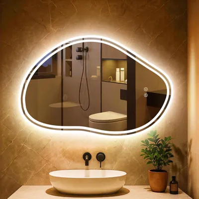Produktbild von PESENXAN Asymmetrischer Spiegel mit Beleuchtung, Badspiegel mit Beleuchtung, Dimmbar, LED Spiegel Bad mit Touch-Schalter und Speicherfun, 80x53cm