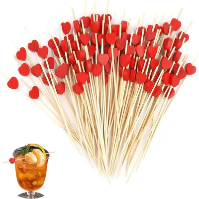 Productafbeelding van Cocktailprikkers Hartjes - Houten prikkers - Feestelijke decoratie - Met decoratie - 100 stuks - Rood