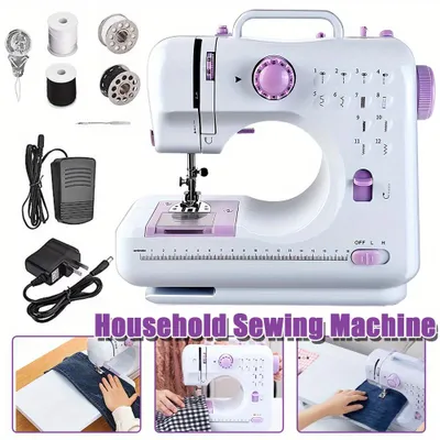 A collage of images showing a sewing machine and its accessories, along with lifestyle shots of people using it.