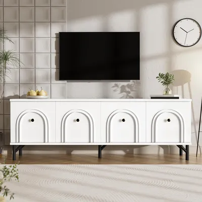 Image de Meuble TV 4 Portes L160 Cm – Style Moderne, Fermeture Amortie, Blanc