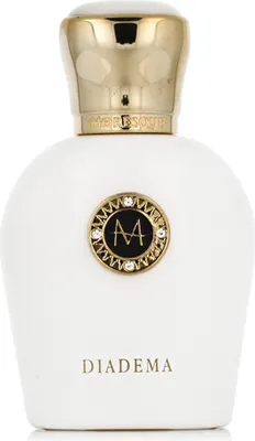 A white perfume bottle with a gold cap and a circular emblem on the front.