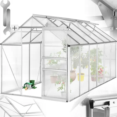 A greenhouse with plants inside, shown with assembly tools and a plus sign.