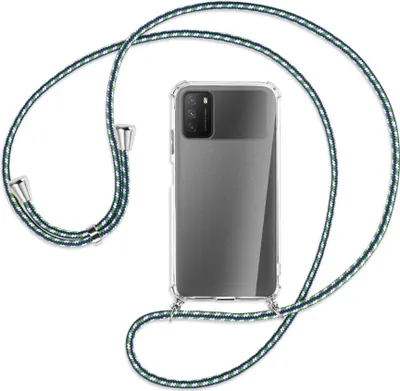 Produktbild von Handykette Backcover-Schutzhülle mit Band (Metall silberfarben) für Xiaomi Poco M3 - grün/blau/weiß