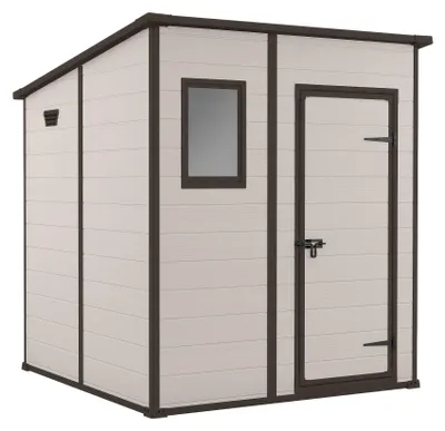 Produktbild von Manor Pent 6x6 - Gartenhaus 183,50x200x185 cm 1 Tür zur Werkzeugaufbewahrung mit kratzholzähnlicher Optik aus beigem Harz
