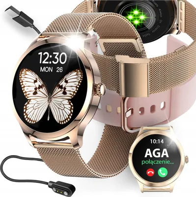 Zdjęcie produktu dla Smartwatch Zegarek Damski Polskie Menu Rozmowy Smart Watch Złoty + Gratis