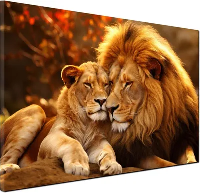 Produktbild von Löwenpaar Wandbild Leinwandbild Sonnenuntergang Kunstdruck XL Wanddeko Löwen: 90x60x4cm
