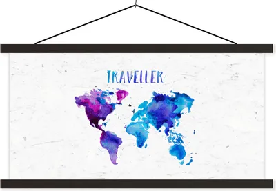 Produktbild von MuchoWow® Textilposter Weltkarte - Zitate - Aquarell 120x60 cm mit schwarzem Rahmen - Dekoration Schlafzimmer