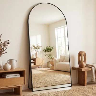 Obrázok produktu pre Zrkadlo na celé telo, 200x97 cm, zakrivené, stojace, vyrobené z hliníkovej zliatiny, odolné proti rozbitiu, čierna farba